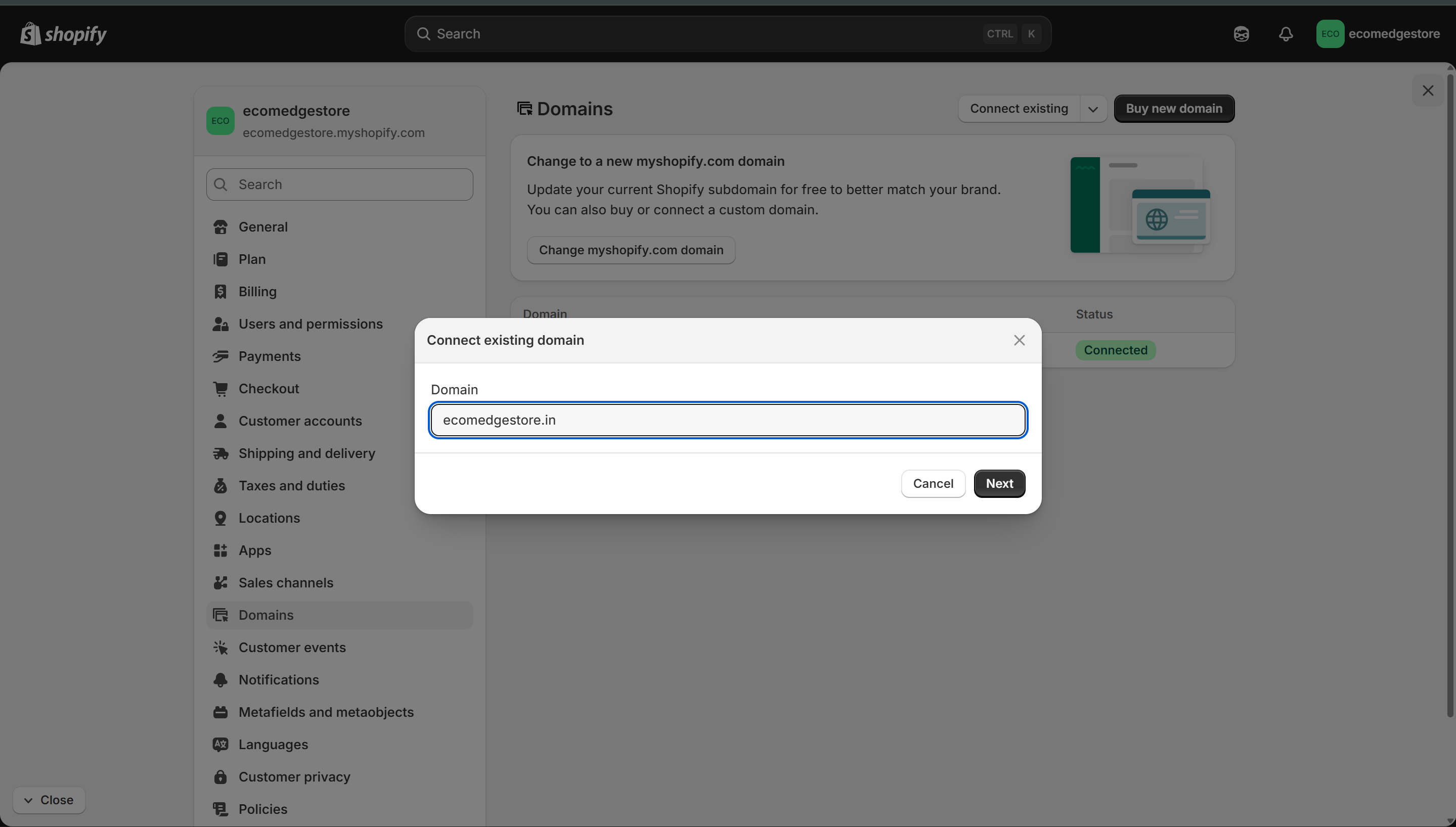Connect existing domain — enter domain name, click Next